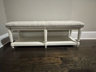 White Wood Upholstered Bench with Bottom Shelf