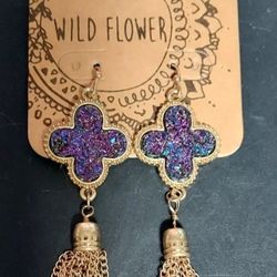 Purple Iridescent Glitter Gold Tone Metal Cross Chain Tassel Earrings Art Boho