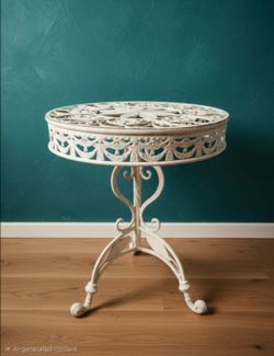 Mid Century Palm Beach Regency Tassel and Flower Metal Table Off White 22"x18".