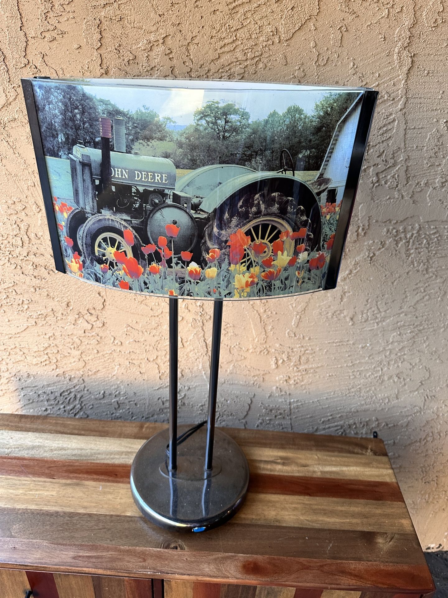 Fun John Deere Tractor And Poppies Double Sided Tall Lamp Photo On Glass