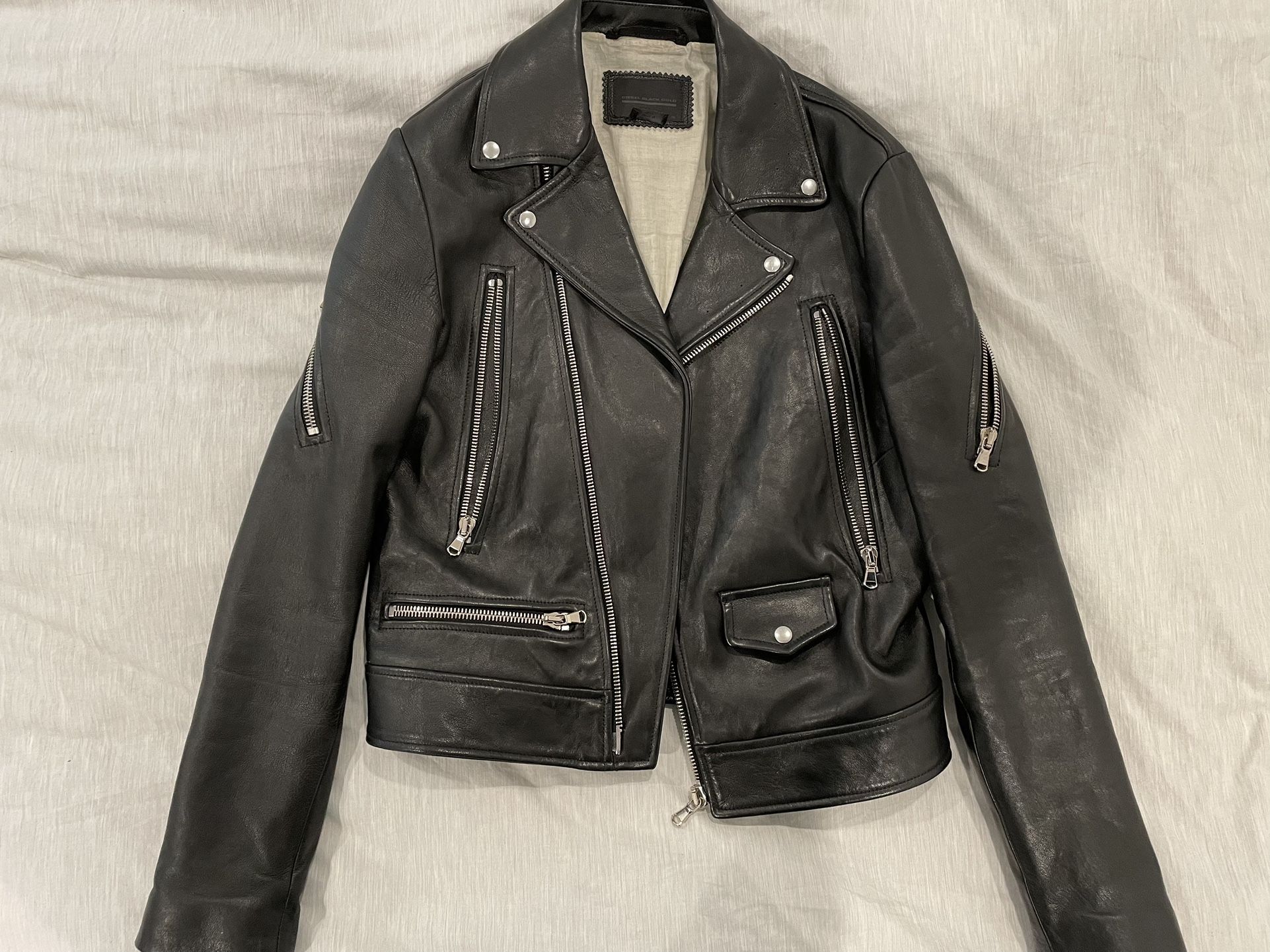 Diesel Black Gold Leather Moto Jacket Size 48 - www 