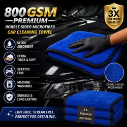 NEW 800 GSM Double-Sided Microfiber Car Cleaning Towel, 3-pack, 20 x 30”