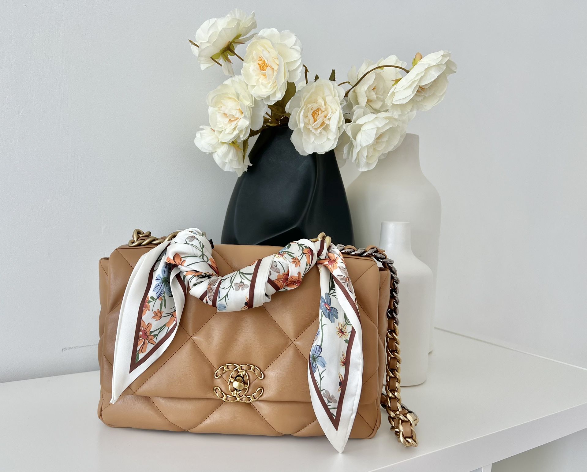Chanel Lambskin Quilted Chanel 19 Flap Beige