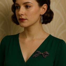 Vintage 1980s Marcasite Style Silver-Tone Bow Brooch, 2.5x1”