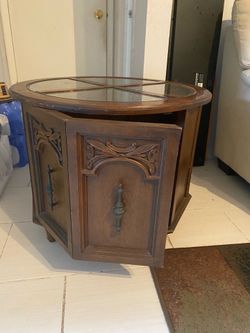2 tables wood n glass with doors