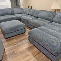 New 7 Piece Corduroy Sectional.  Grey Or Black.  127x164x61.  Free Delivery!
