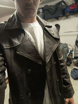 VTG Monarchy Heavy Genuine Leather Peacoat Trench Jacket - Men's XL (Brown)