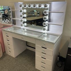White Vanity - Lights Shelves Drawers