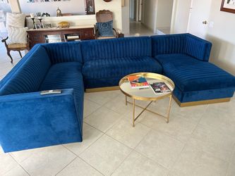 Luxurious Blue Sectional Couch w/ gold accents