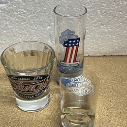 3 Mini Glasses 2 Harley Davidson And 1 2015 Motorcycle Rally Glass 