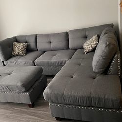 Brand New Grey Linen Sectional Sofa +Ottoman (New In Box) 