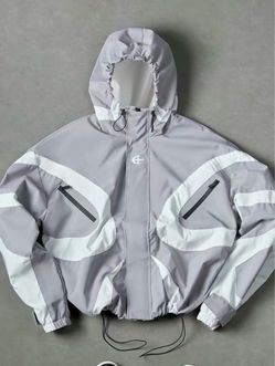 Gray and White Hooded Zip-Up Jacket
