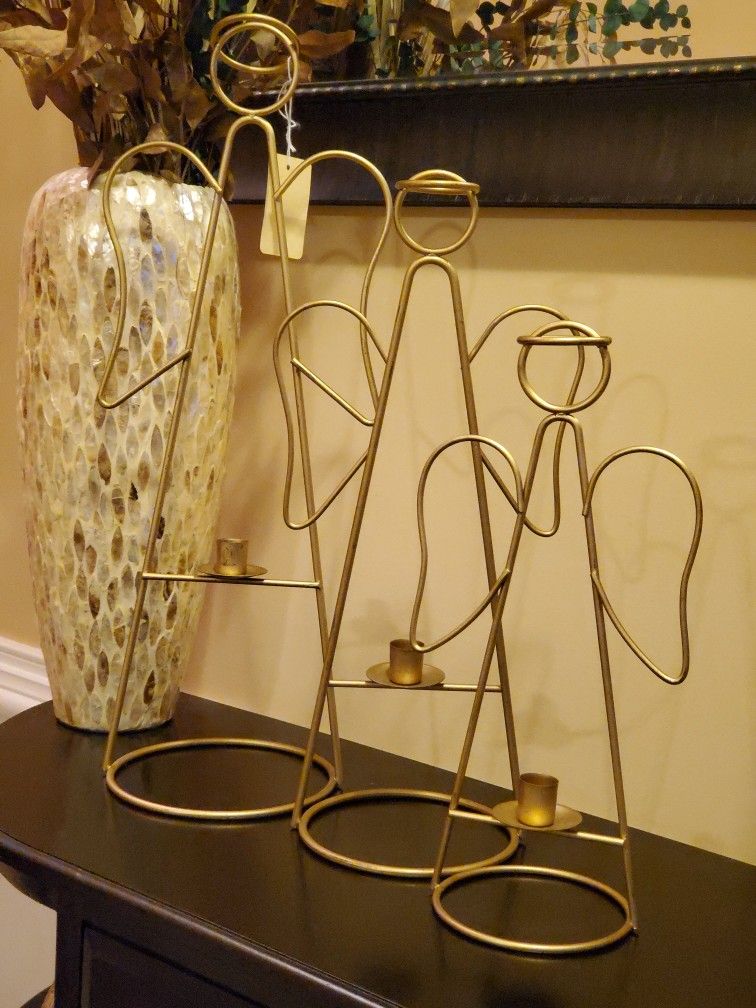 SET of (3) Gold Angel Shaped Metal Candle Holders Decor Christmas/Holiday