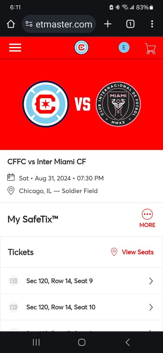 Messi 2 Tickets Chicago Fire Vs Miami Game