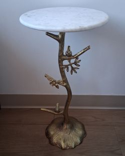 Artistic Brass Tree Sculpture Side Table with Marble Top