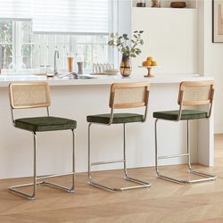 Natural Rattan Bar Stools Set of 3 with Solid Wood Back, 24 Inch Mid Century Modern Counter Height Stools, Green Upholstery Boho Stool for Kitchen Cou