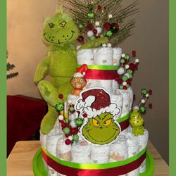 🎄 Grinch Holiday Baby Gift – Diaper Cake / Regalo del Grinch para Bebé – Pastel de Pañales 🎁 