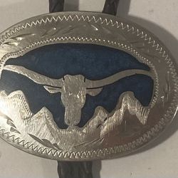 Vintage Bolo Tie Nice Silver And Turquoise Longhorn Bull