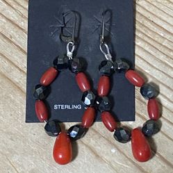 Sterling Silver Red Stone & Hematite Beaded Drop EARRINGS Handcrafted Artisan
