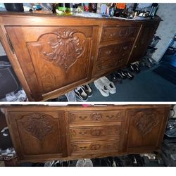 Cabinet - Hutch - Antique French Provincial Carved Oak Buffet Sideboard - Ornate Details