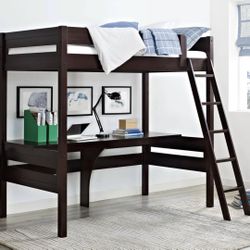 Wood twin loft bed with desk