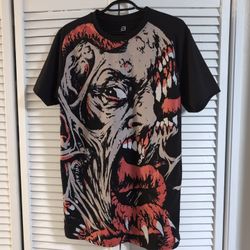 Faded Black Mens Large T Shirt Black Horror All Over Print Eyeball Skull Mouth