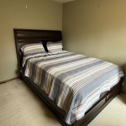 Dark Oak Queen Bed Frame w/ Built-In Storage 