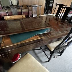 DREXEL HERITAGE Ming Treasures Mahogany Carved Chinoiserie Dining Table and Chairs