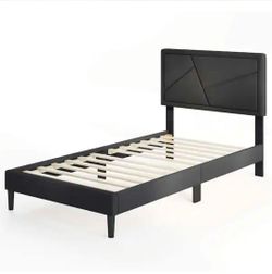 Black Upholstered Platform Bed Frame with Headboard