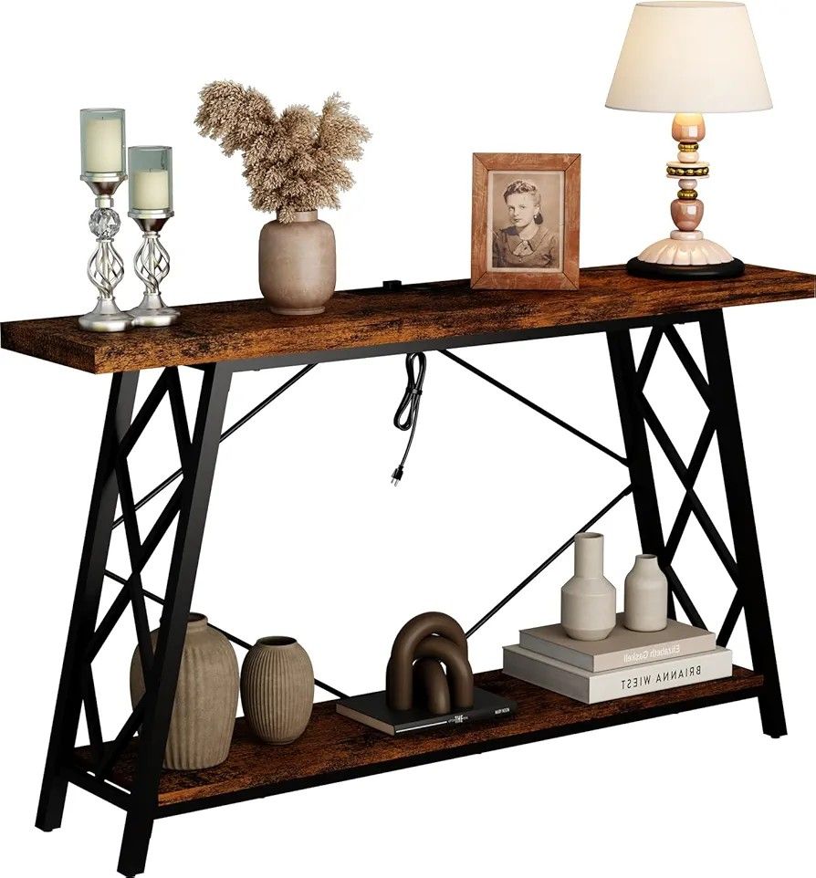 SOOWERY Console Table with Charging Station, 55'' Narrow Long Sofa Table Entryway Table with Storage, Behind Sofa Consoles Table for Entryway Living R