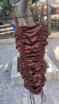 4th of July Sale, Size S, Brown Ruched Satin Dress with Adjustable Ties