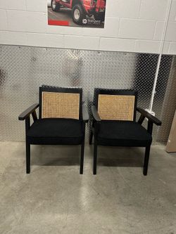 Pair of Mid-Century Modern Black Wood Armchairs with Cane Back and Boucle Seats