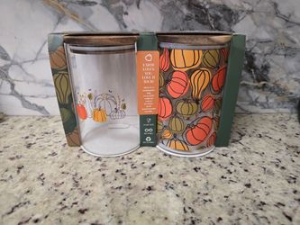 Set of 2 Glass Canisters with Wood Lids - Fall/Pumpkin Design (NEW)