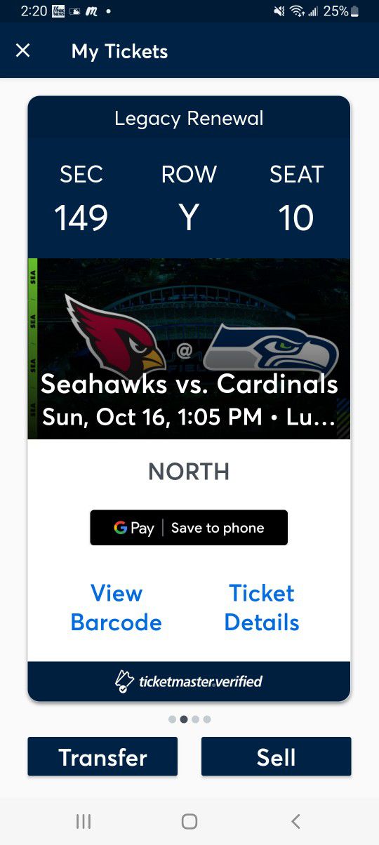 Seattle SEAHAWKS VS Arizona Cardinals. 1 Ticket100 Level. Oct 16th