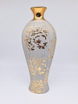 Gray and Gold Textured Ceramic Artistic Bottle Dhape Vase 13 in H.