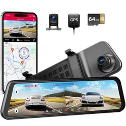 12" 4K Ultra HD Rear View Mirror Camera with 64GB Card 5G WiFi GPS Voice Control, 4K+1080P Front and Rear View Dual Dash Cam, Loop Recording, G-Sensor