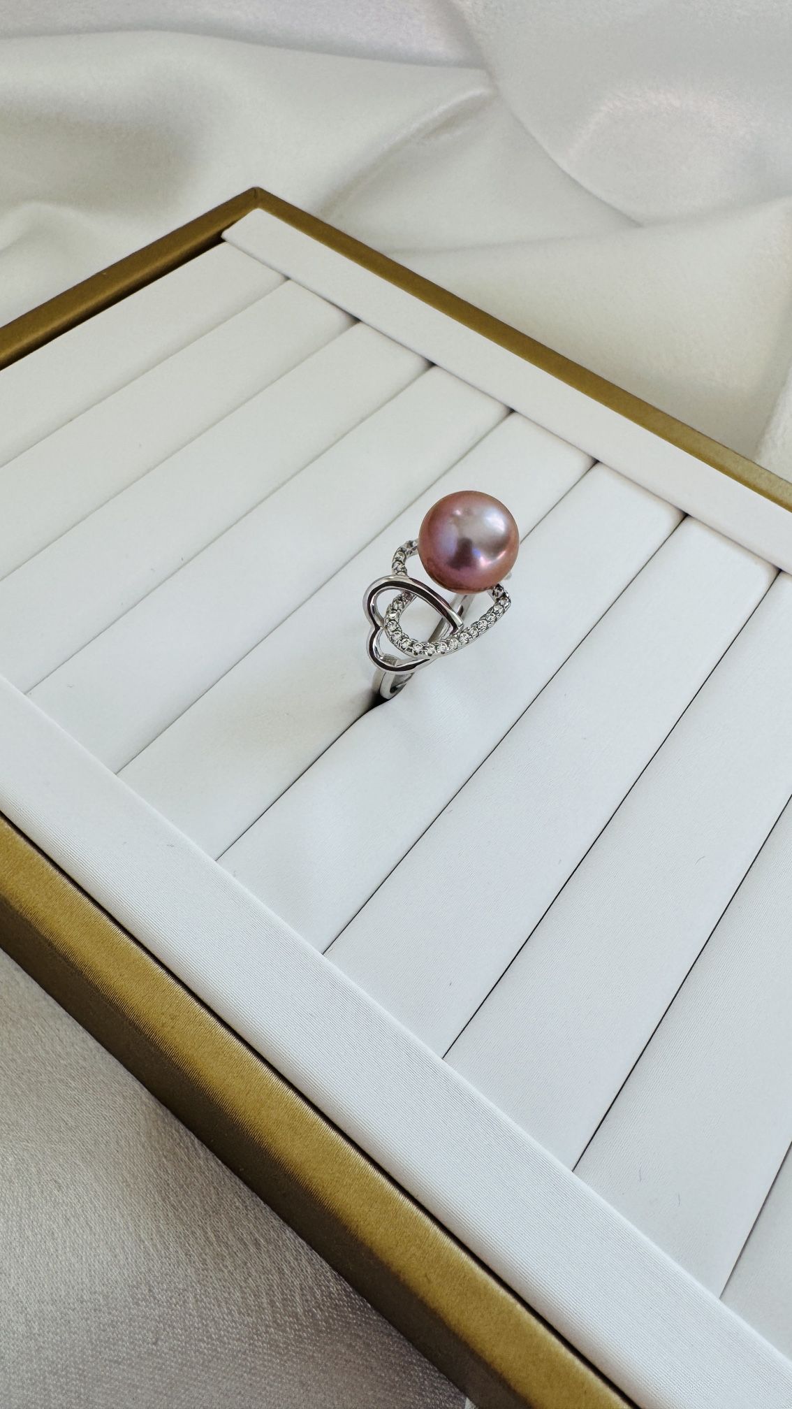 S925 Sterling Silver Natural Pink Edison Pearl Adjustable Heart Ring