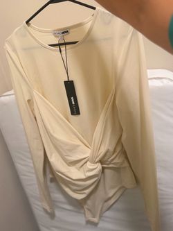 Fashion Nova Cream Long Sleeve Wrap Top