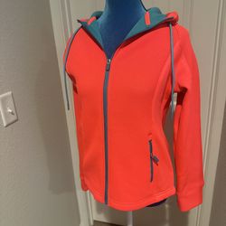 Women’s Small Bright Coral/Pink Full-Zip Hoodie Jacket – Teal Zipper & Drawstrings, Zip Pockets (Athleisure)