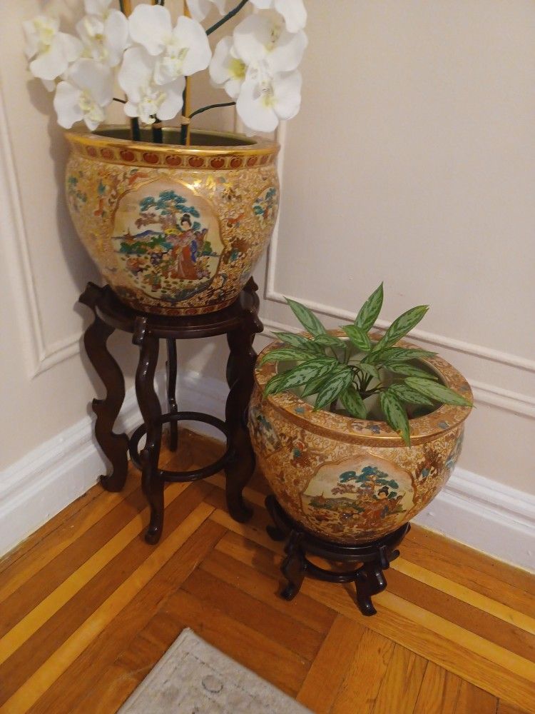 Antique Satsuma LARGE Porcelain Planter Fishbowl w/ stands