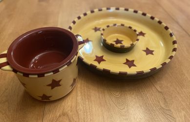 Lang 12” Redware 4pc Chip And Dip Tray Set