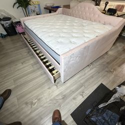 Pink Suede Queen Bed With A Pull Out Twin Bed