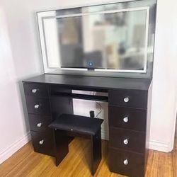 New Black Lighted Mirror Makeup Vanity Desk 8 Drawers, 43" Vanity Table