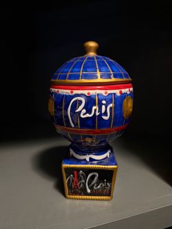 Paris Las Vegas Casino Hotel Ceramic Souvenir Cookie Jar Canister w/ Lid – Blue Gold