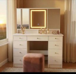 White Vanity Desk with Lighted Tri-Fold Mirror