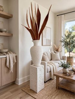 Huge Modern White Textured Floor Vase with Pedestal + Dried Palm Leaves - Boho Decor