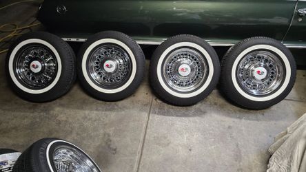 14x6 McLean wire wheels lowrider 14by6 McLean wire spoke rims whitewall tires 5 lug Universal $ trade Daytons wire Zenith spokes Cragar Supreme Roadst