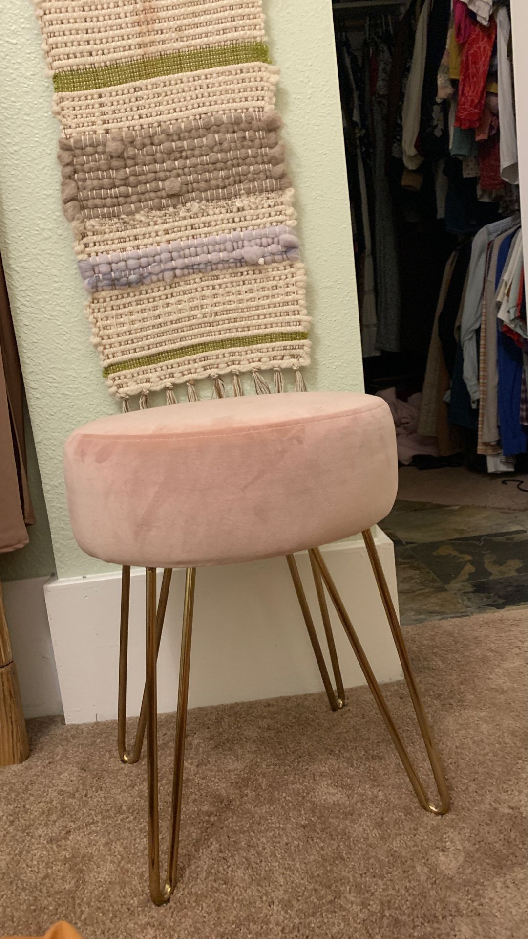 MCM pink vanity stool with gold hair pin legs