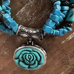 Carved Rose Pendant With Triple Strand Turquoise Gemstone Necklace