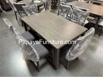 New 7Pcs Dining Set, Table And Chairs, Casual Dining Table, Chairs, Rectangular Table, Wooden Table, Grey Dining Set, Dinette Set, Table And 6 Chairs 
